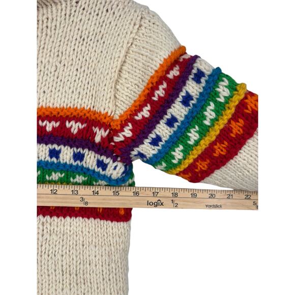 Hand Knit Sweater Kids Full Zip Hooded Fleece Lined Large Multicolor Pockets - Picture 6 of 9